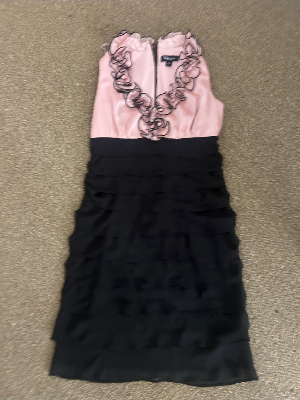 S.L. Fashions Strapless Pink and Black Ruffle V-Neck Cocktail Dress